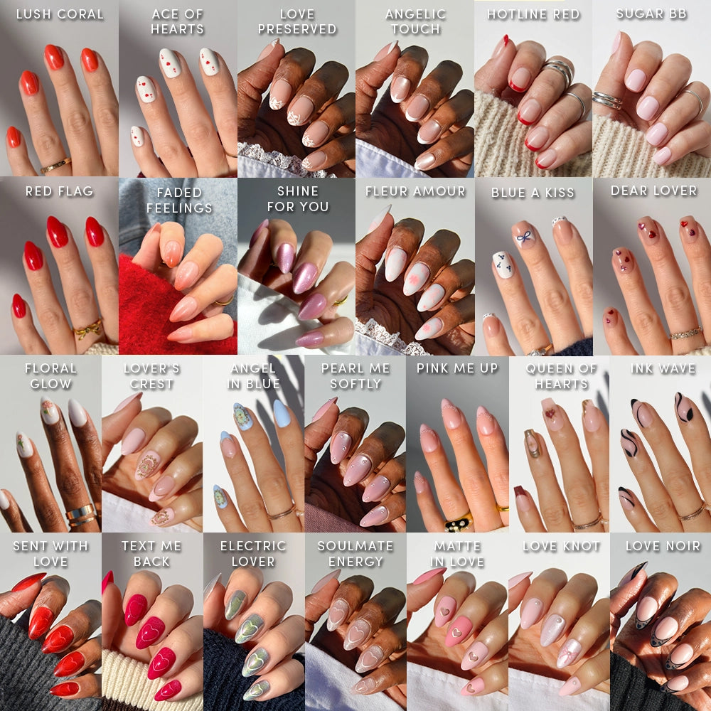 A collage of 25 hands spotlights unique nail art from glamnetic's Love Notes Collection, displaying vibrant colors and creative patterns in various styles like coffin and almond nail sets.