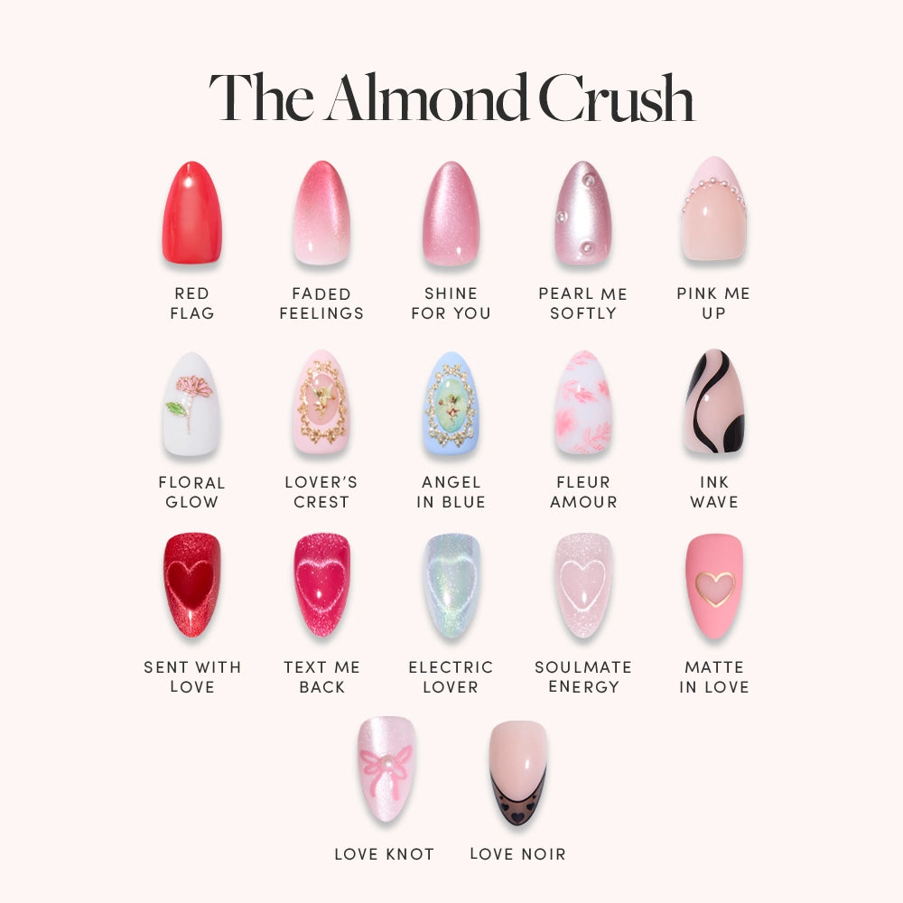 The Almond Crush by glamnetic showcases 16 short almond nails in pink, red, and neutral shades with unique patterns or 3D art, featuring playful names like Red Flag, Faded Feelings, and Ink Wave, arranged in four rows on a white background.