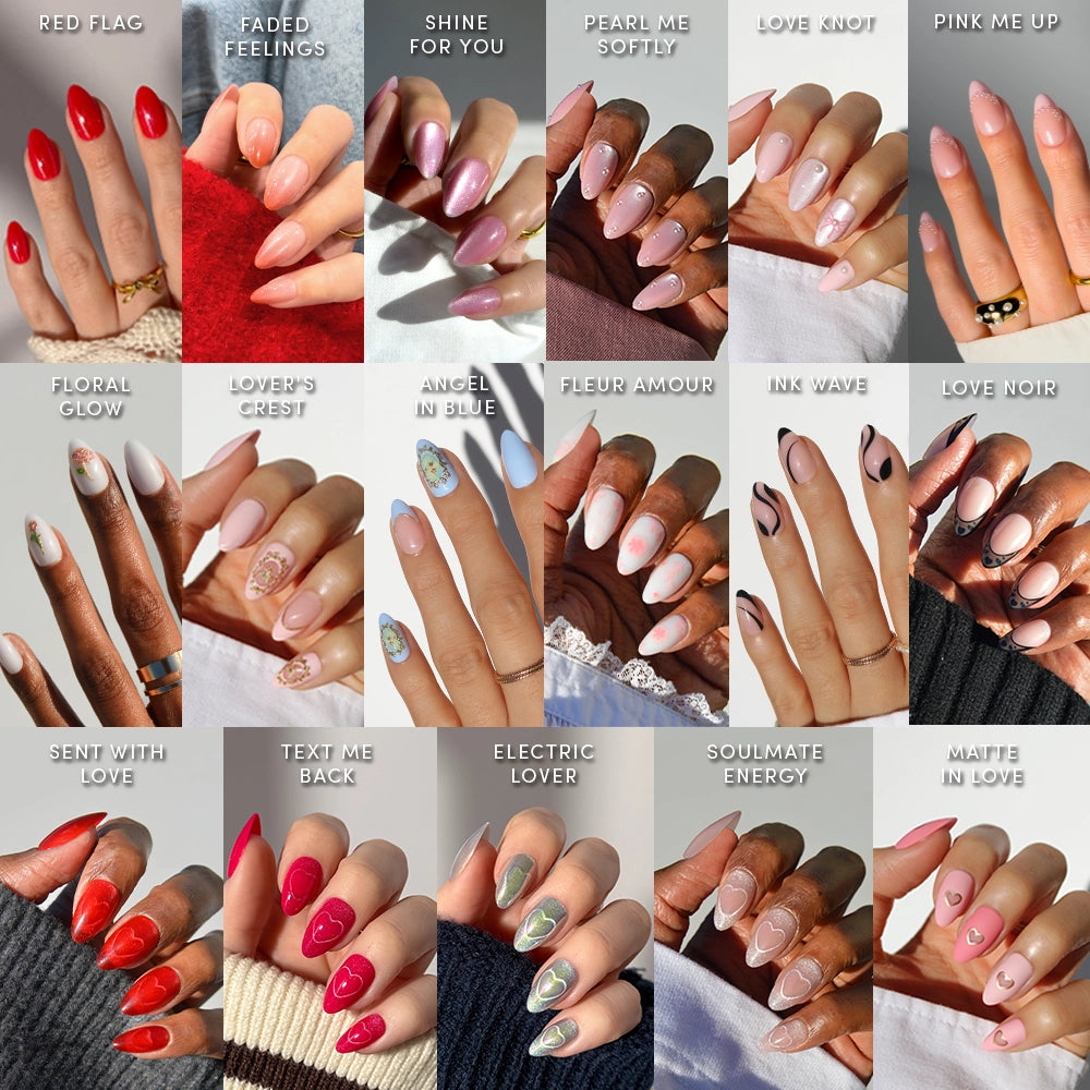 A collage of 18 hands features The Almond Crush by glamnetic, displaying diverse almond nail sets and designs—ranging from bold reds to creative 3D styles—all showcased under natural lighting.