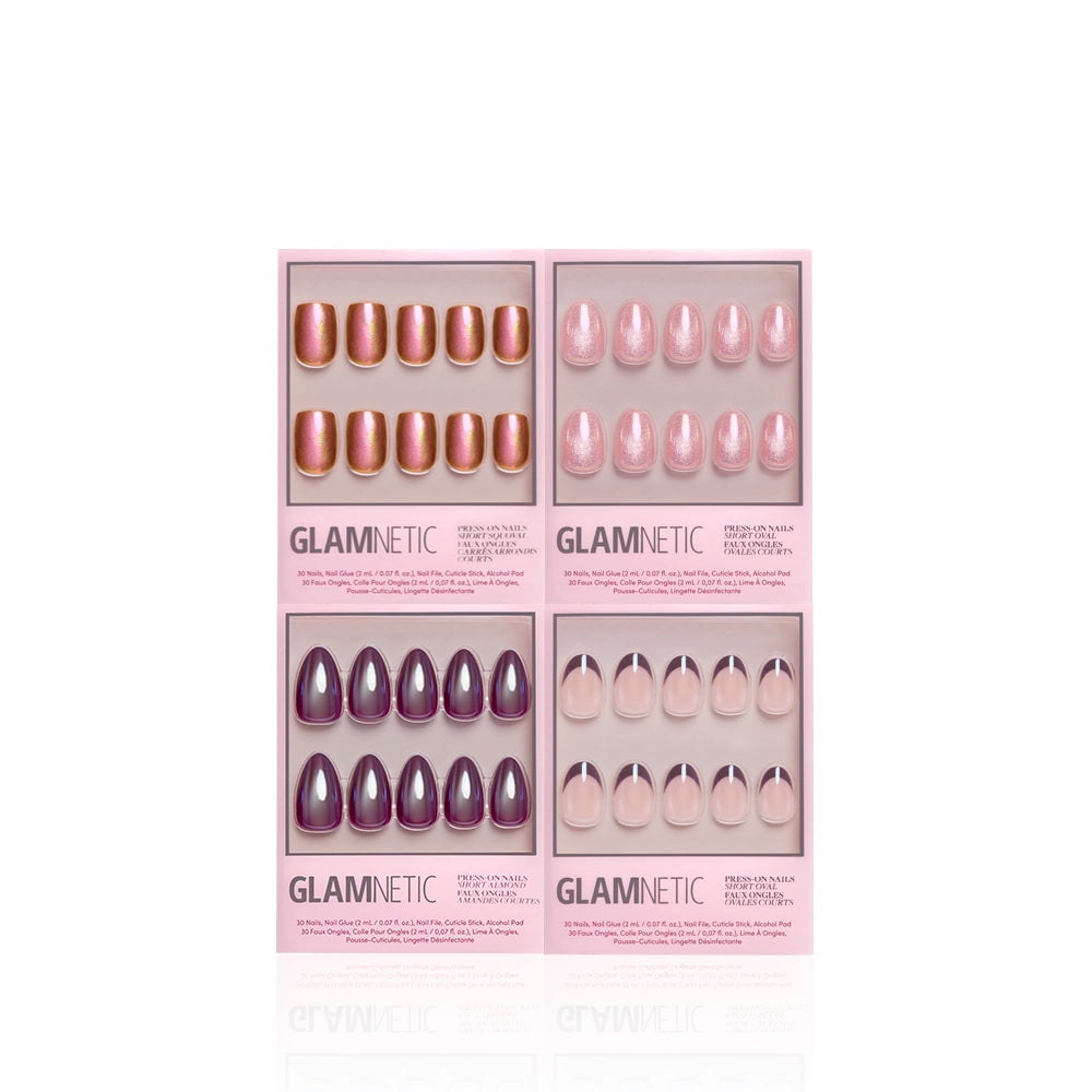 Four boxes of glamnetic’s Luscious Glaze press-on nails in pink packaging, with chrome and glazed finishes in pink, mauve, and purple designs, are arranged in a 2x2 grid on a white background. - Product image