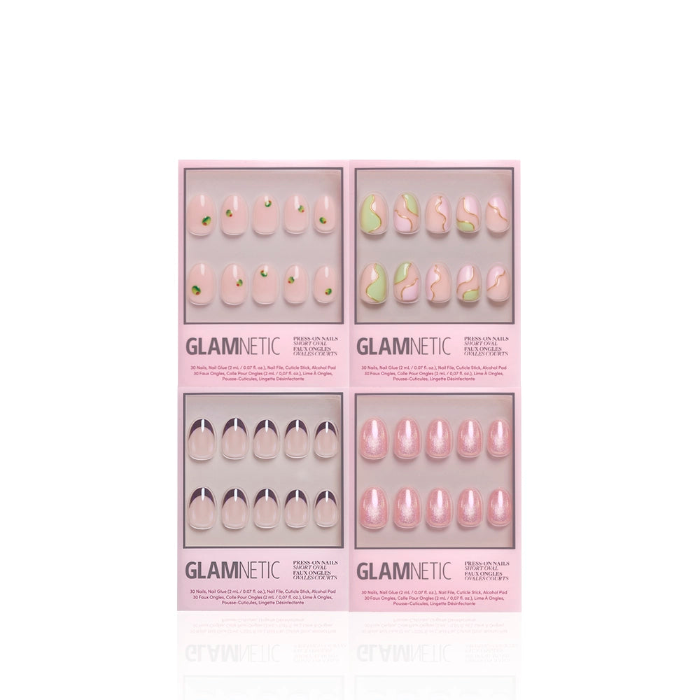 Four sets of glamnetic Sweet Sips nails arrive in pink boxes with designs like short oval pink with gold dots, pink and green swirls, nude tips, and shimmery pink—each style features a glossy finish. - Product image