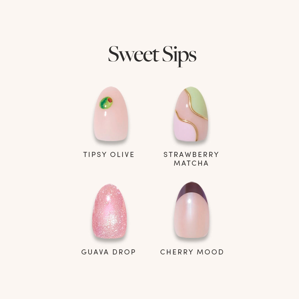 The glamnetic Sweet Sips set features four artisanal short oval nails: Tipsy Olive (pink & green, glossy), Strawberry Matcha (pink, green, beige & gold lines), Guava Drop (pink glitter), and Cherry Mood (pink with a dark tip). - Product image