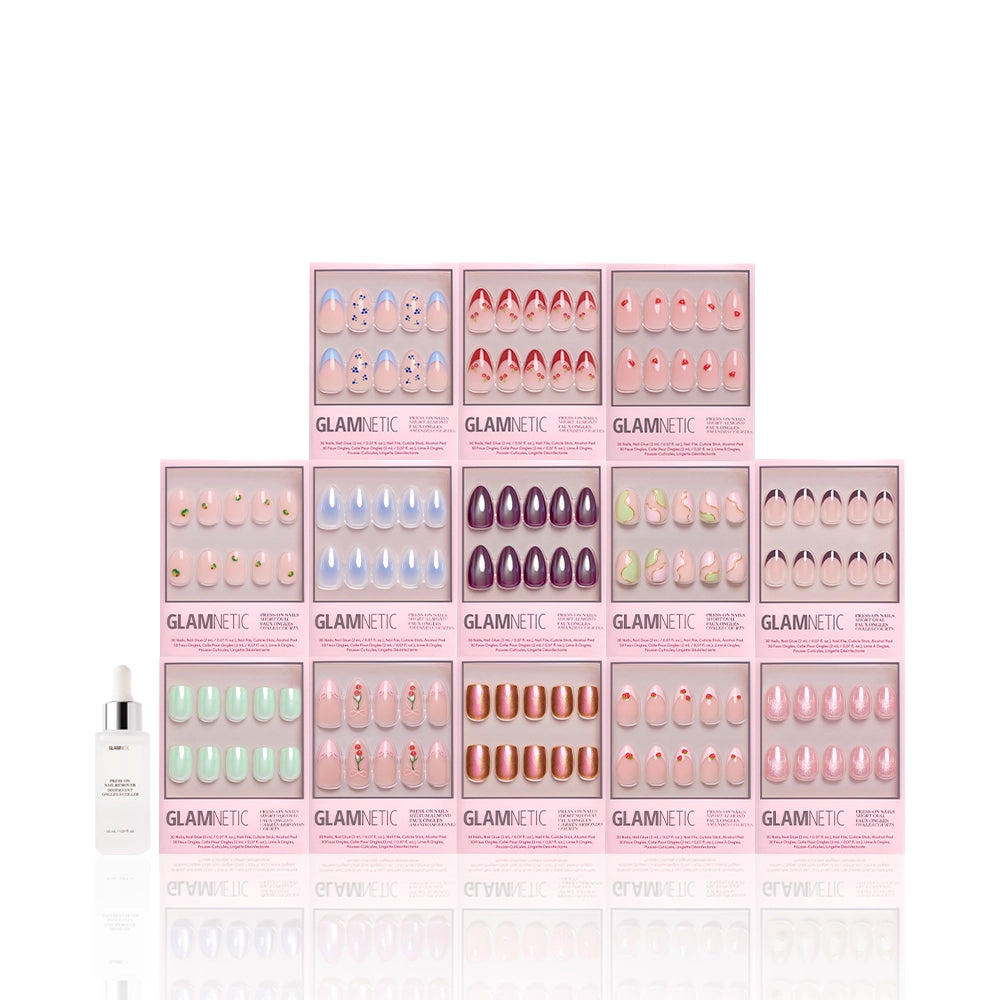 A set of glossy, vibrant nails in assorted colors from glamnetic’s The Juicy Drop Collection, packaged in boxes. - Product image