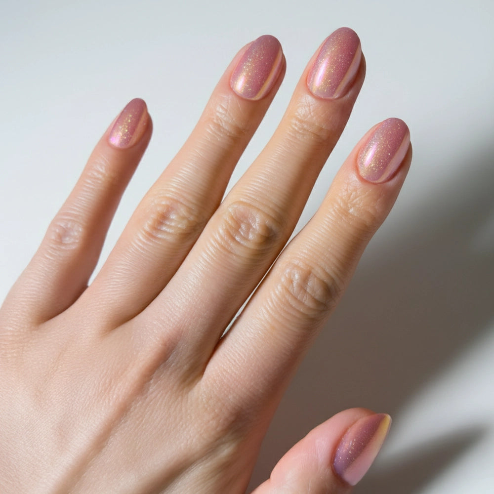A hand with neatly manicured, short oval nails painted in glamnetic’s Guava Drop—a shimmery, iridescent pink polish with a glazed finish—displayed against a plain white background.