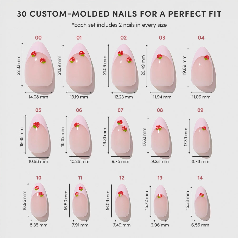 A chart of different sizes of glamnetic's Strawberry Bits nails, including almond shape and press-on options. - Product image