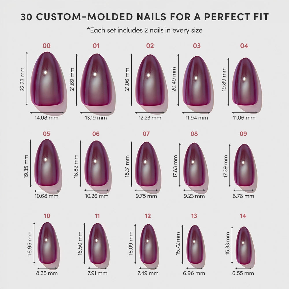 A size chart displaying 15 custom-molded, almond-shaped glamnetic Jam Drizzle press-on nails in maroon, with each nail’s width and length measurements labeled below and beside. - Product image