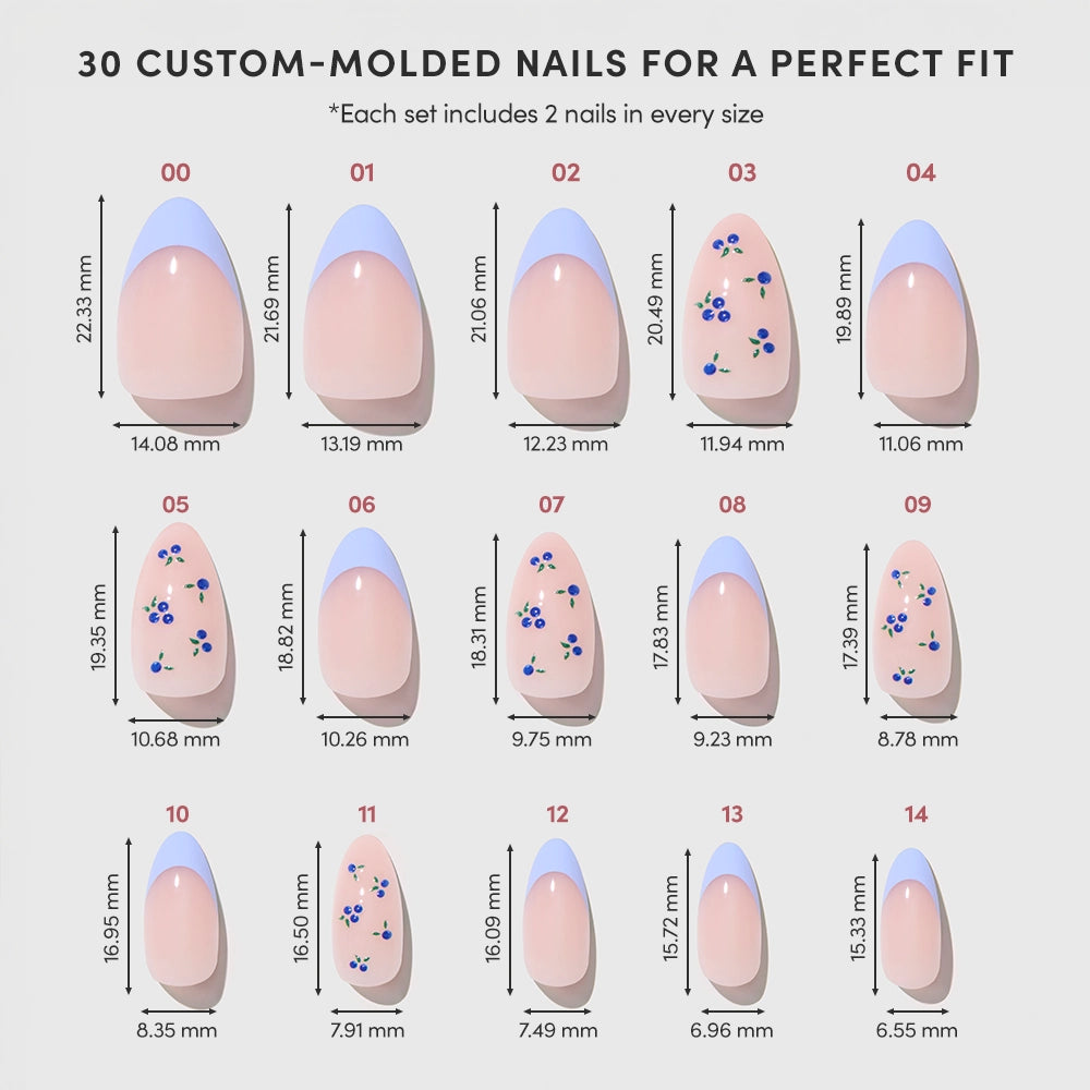 Chart displaying 15 sizes of glamnetic Bluebelle custom-molded press-on nails, each labeled with number, length, and width in millimeters. Designs include floral patterns and elegant almond-shaped blue French tips. - Product image