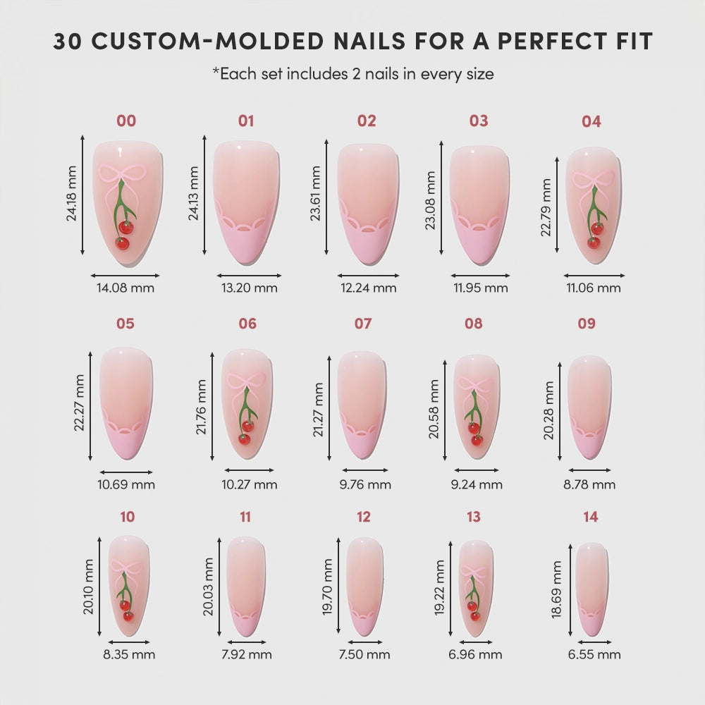 A chart shows 30 glamnetic Cherry Bow Press-On Nails with pink French tips and cherry designs, arranged by size and shape, each labeled with length and width in millimeters for a perfect fit. - Product image