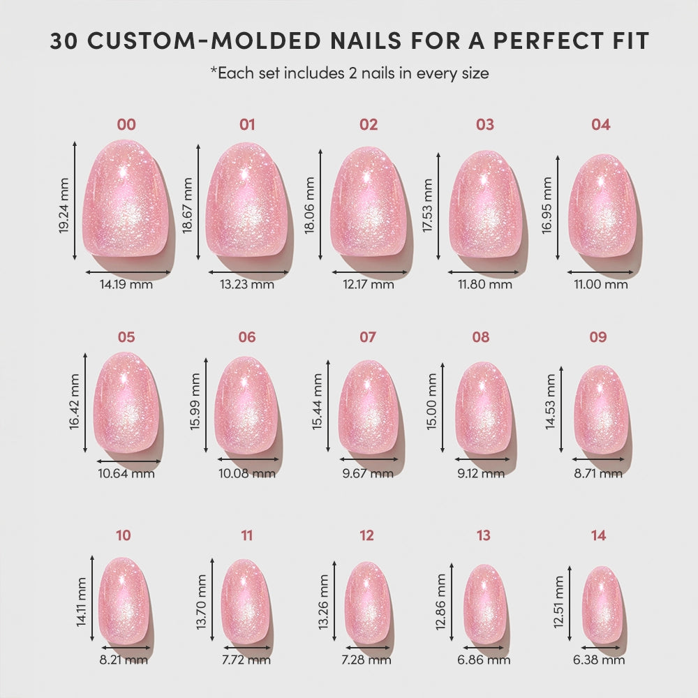 A chart displays 15 sizes of glamnetic Guava Drop pink, short oval press-on nails with a glazed finish, each labeled by number and dimensions (mm). Top text: 30 custom-molded nails for a perfect fit. - Product image