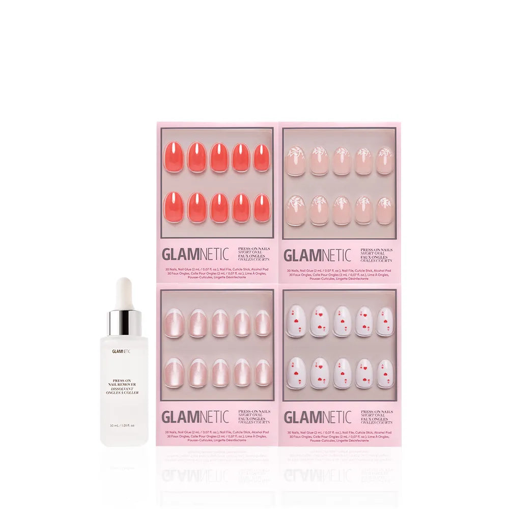 Four glamnetic "The Oval Affair" pink press-on nail sets, with classic soft-luxury designs, plus a white bottle of nail adhesive, are neatly arranged against a white background. - Product image
