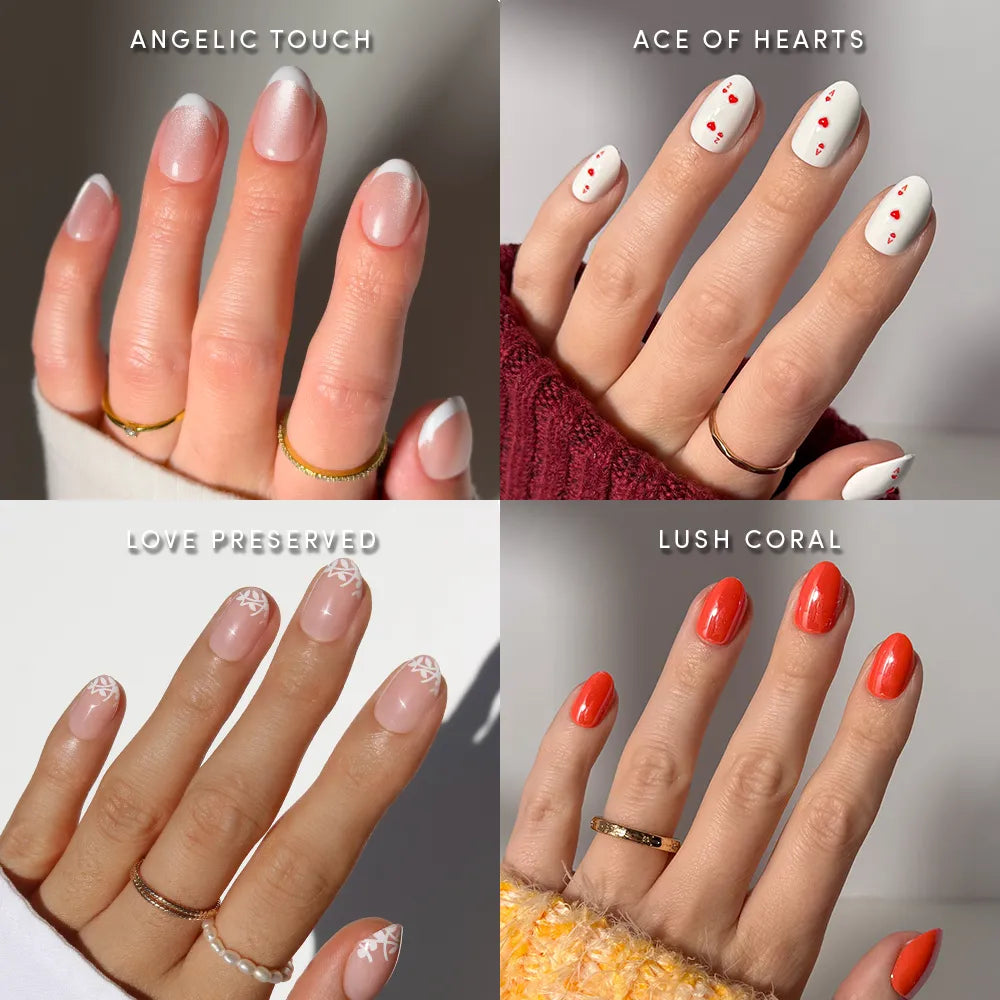 A collage shows hands wearing glamnetic's The Oval Affair: sheer pink with white tips, oval nails with red hearts, nude with white floral tips, and coral-orange polish. Each classic look is styled with rings and labeled by design.