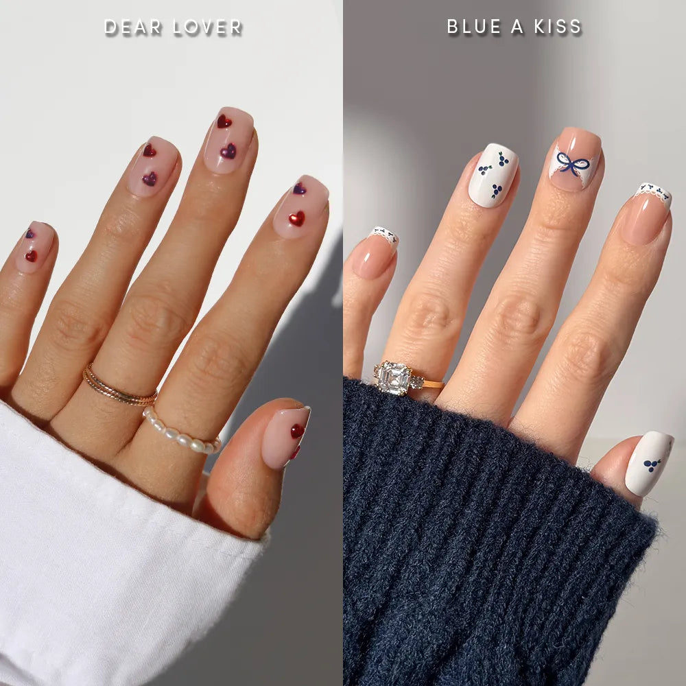 Split image shows two manicures featuring The Sweet Squovals by glamnetic: nude nails with red and purple hearts on one hand, French tips with blue bows and dots on the other. Styled with rings and cozy sleeves for everyday glam.
