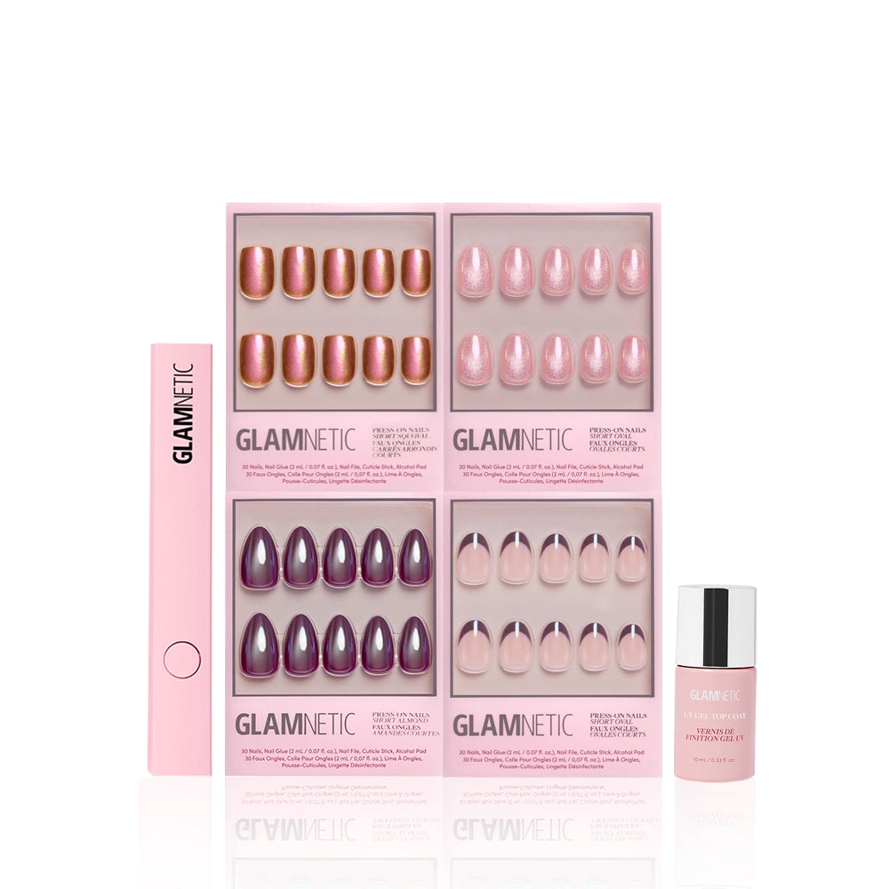 Discover Luscious Glaze by glamnetic—a box of assorted colored nails, including a vibrant chrome set for a bold, shiny finish. - Product image