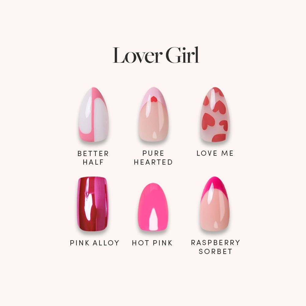The Lover Girl Bundle by glamnetic features six pink almond press-on nails with romantic Valentine’s Day designs: Better Half, Pure Hearted, Love Me (with hearts), Pink Alloy, Hot Pink, and Raspberry Sorbet. “Lover Girl” text appears above them. - Product image