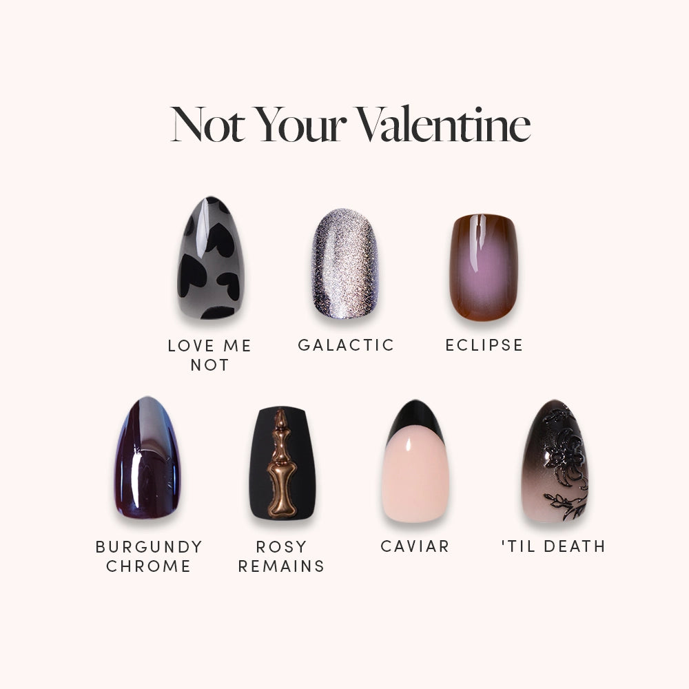 The Not Your Valentine Bundle by glamnetic features six trendy nail designs: black hearts on nude, silver glitter, gradient browns, shiny black-purple chrome, black with gold design, and nude with a black flower. - Product image