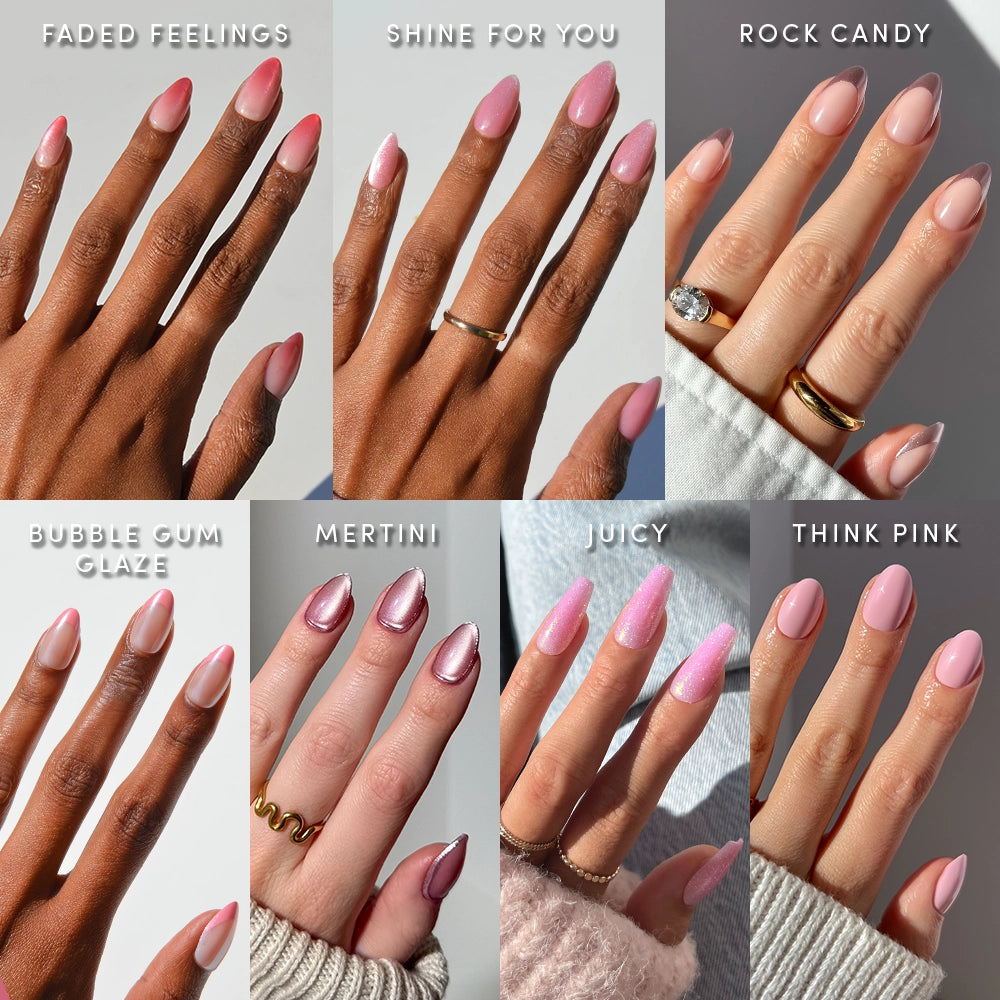 A collage of manicured hands showcases glamnetic’s Soft Launch Bundle, featuring unique pink almond nail sets and shimmering chrome finishes. - Product image