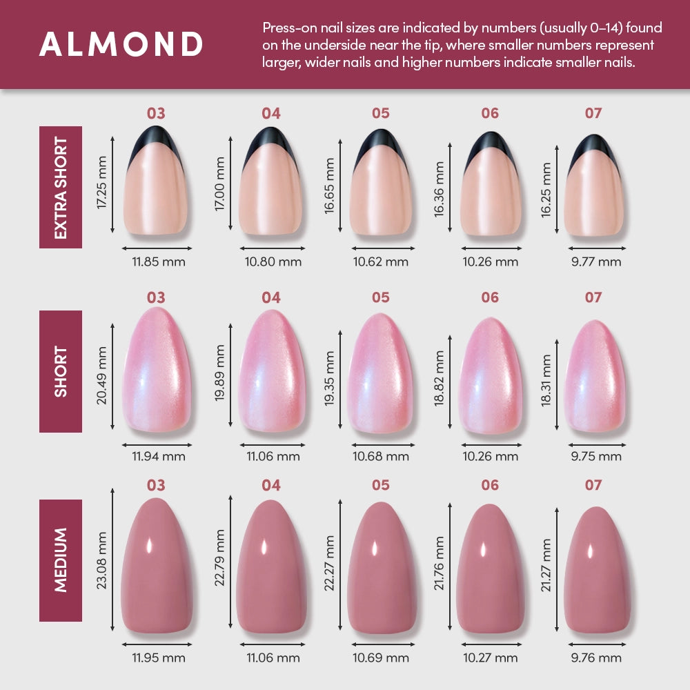 A chart displays glamnetic's Ocean Prism almond-shaped press-on nails in extra short, short, and medium sizes, labeled by number, width, and length; available in nude to mauve shades for quick, easy application. - Product image