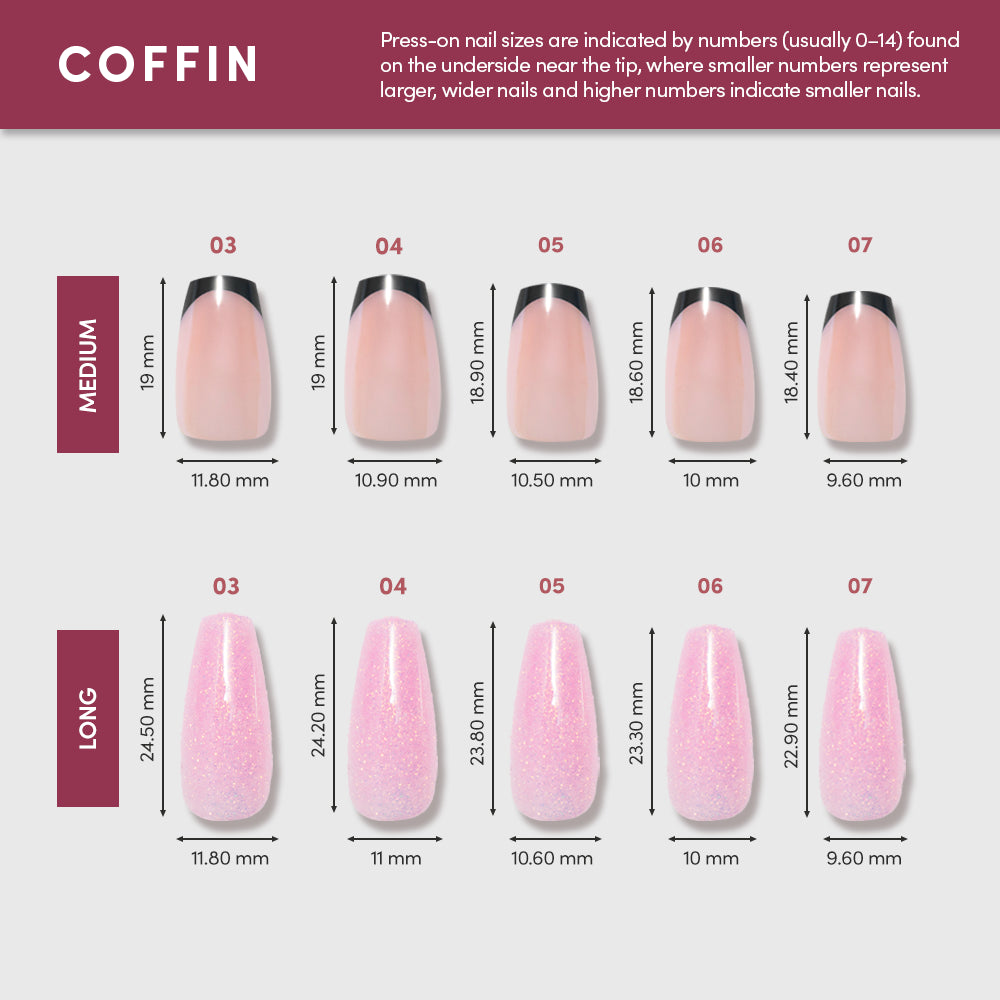 A guide showing glamnetic Ghost House coffin nail set in medium and long sizes, labeled 03–07, with their respective widths and lengths in millimeters. - Product image