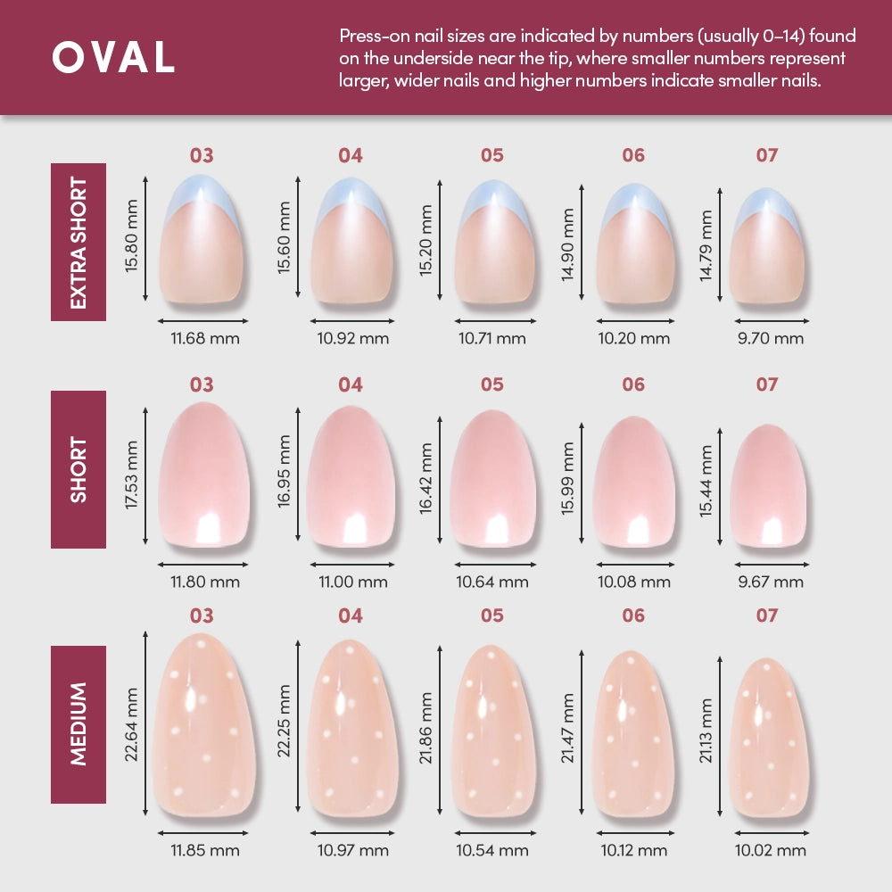 Glamnetic Teddy press-on nail size chart displays extra short, short, and medium nails in sizes 0–7. Each image notes nail width and length (mm); as the size number increases, the nails become smaller and narrower. - Product image