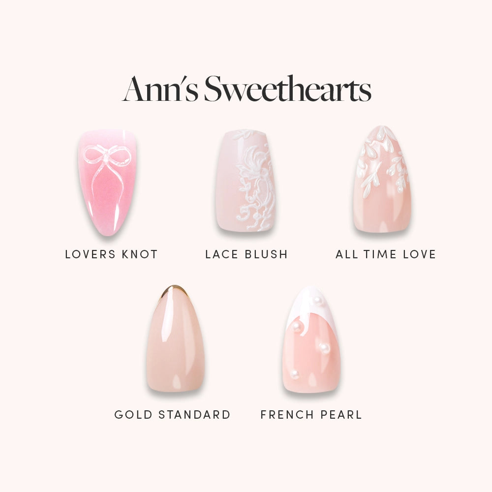 Ann’s Sweethearts by glamnetic features five romantic almond nail designs—Lovers Knot, Lace Blush, All Time Love, Gold Standard, and French Pearl—in pink, nude, and white tones. "Ann’s Sweetheart" is displayed in the text. - Product image