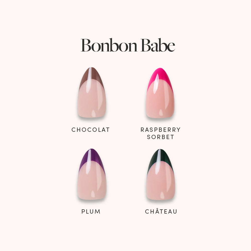Bonbon Babe by glamnetic features short almond French tip press-on nails in Chocolat, Raspberry Sorbet, Plum, and Château. The set offers colorful, reusable vegan nails for a chic look. - Product image