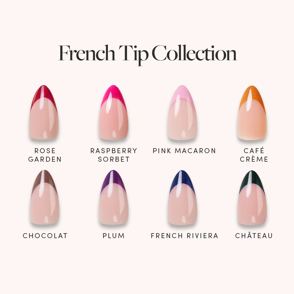 Eight manicured short almond nails showcase glamnetic's French Tip Collection—reusable press-on nails in rose, raspberry pink, pale pink, orange, brown, plum, navy blue, and mint green—perfect for every style. - Product image