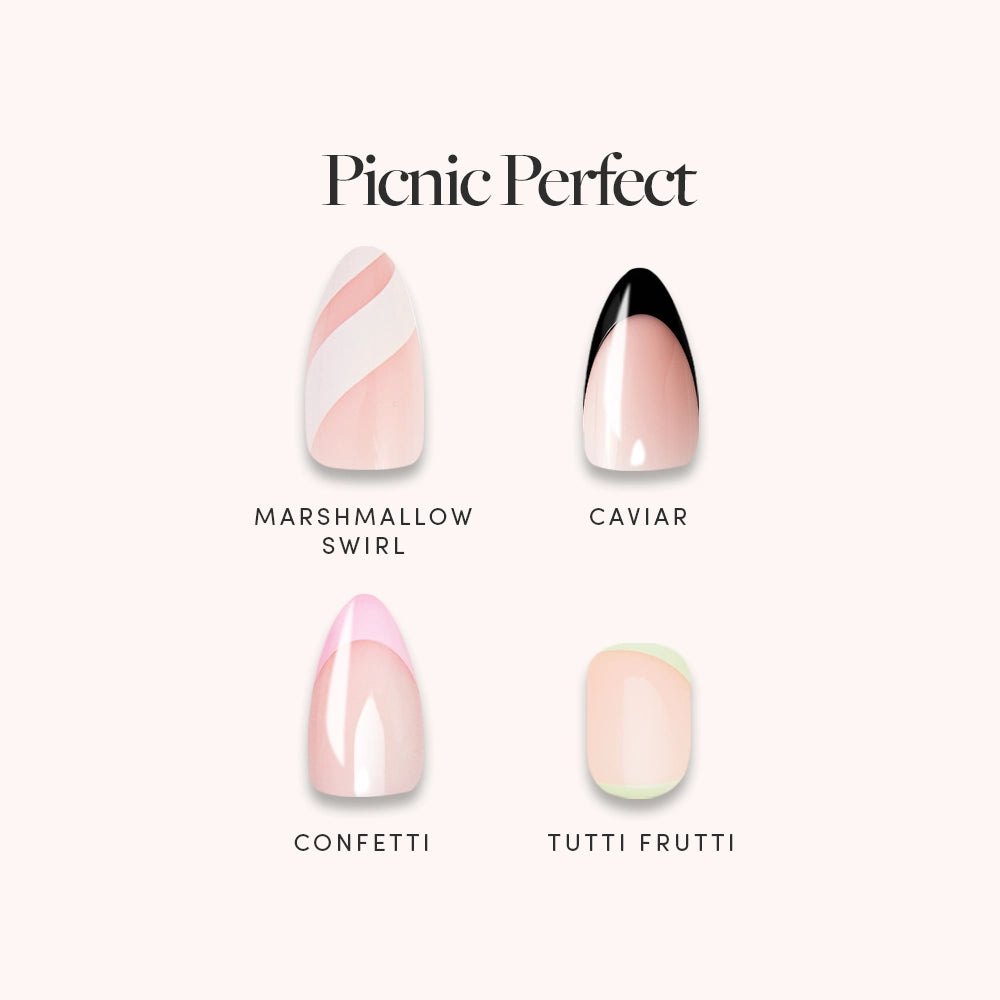 Picnic Perfect by glamnetic features four pastel nail designs—Marshmallow Swirl, Caviar, Confetti, and Tutti Frutti—each with unique patterns on a light background. Marshmallow Swirl and Tutti Frutti evoke sweet summer vibes. - Product image