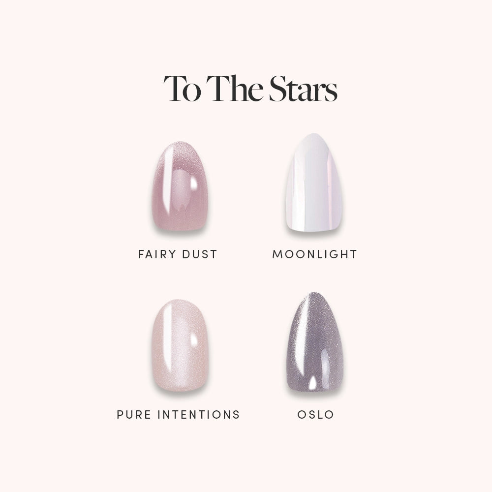 Three glamnetic To the Stars nail polish swatches—Fairy Dust Moonlight, Pure Intentions, and Oslo—gleam on a light background. Pair with your favorite Press On Nail Remover for effortless style changes.