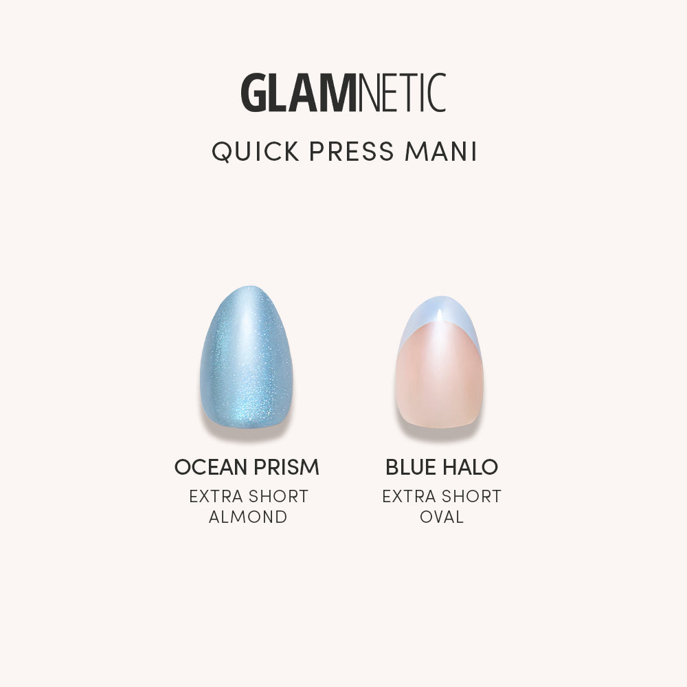 Ocean Prism & Blue Halo - Glamnetic Ocean Prism & Blue Halo press-on nails: a shimmery blue almond-shaped nail and a sheer neutral oval-shaped nail with a light blue tip.