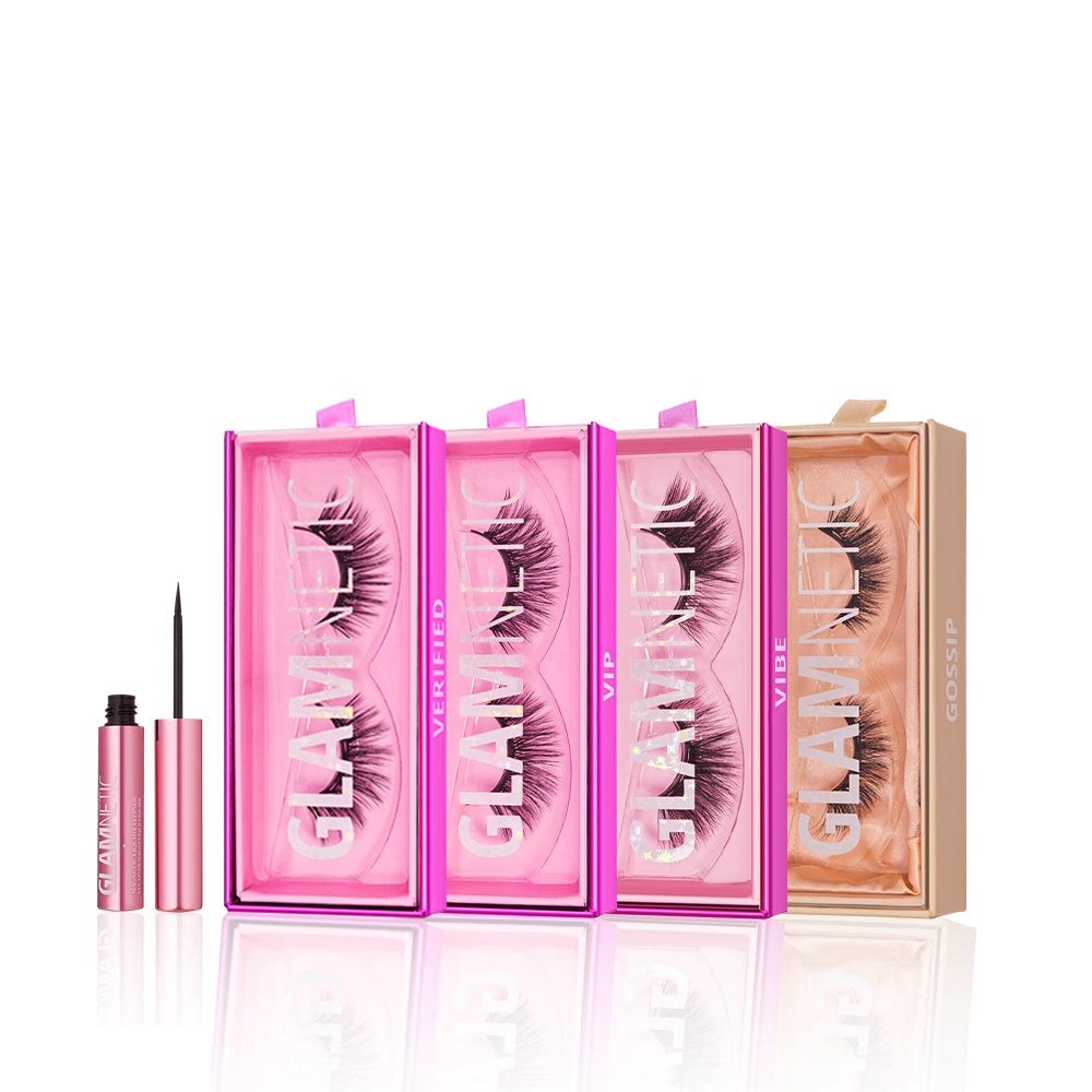 Four Butterfly Effect lash bundles by glamnetic—three pink and one peach—are lined up side by side. An open black eyeliner sits to the left, ideal for creating bold cat-eye looks. - Product image