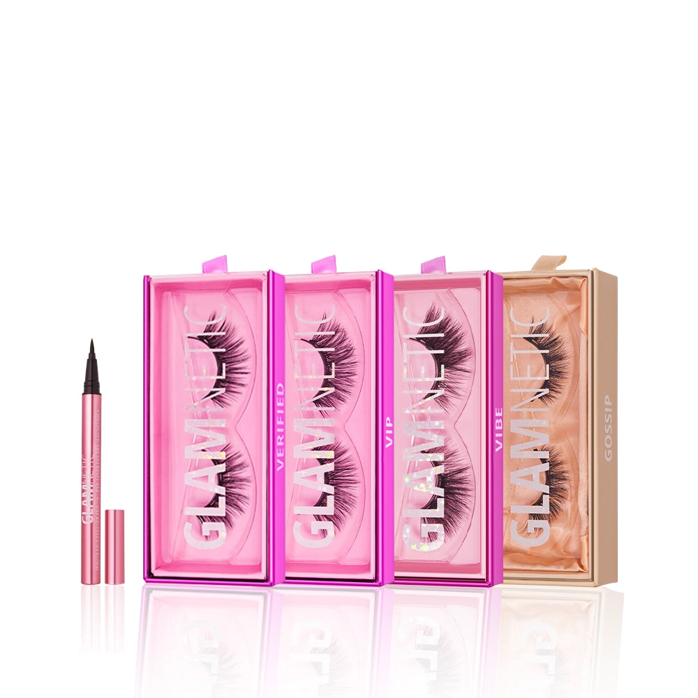The glamnetic Butterfly Effect set features four spring lash styles—Verified, VIP, Vibe, and Gossip—in pink and gold boxes with a matching pink eyeliner pen, making it the perfect bundle for cat-eye lash enthusiasts. - Product image