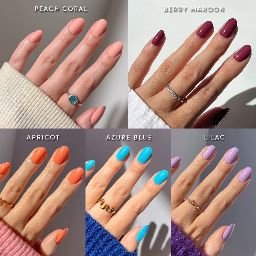 A collage shows five hands with glossy, short round nails in glamnetic’s Spring Round Up set—peach coral, berry maroon, apricot, azure blue, and lilac—each paired with a ring against a simple background. - Product image