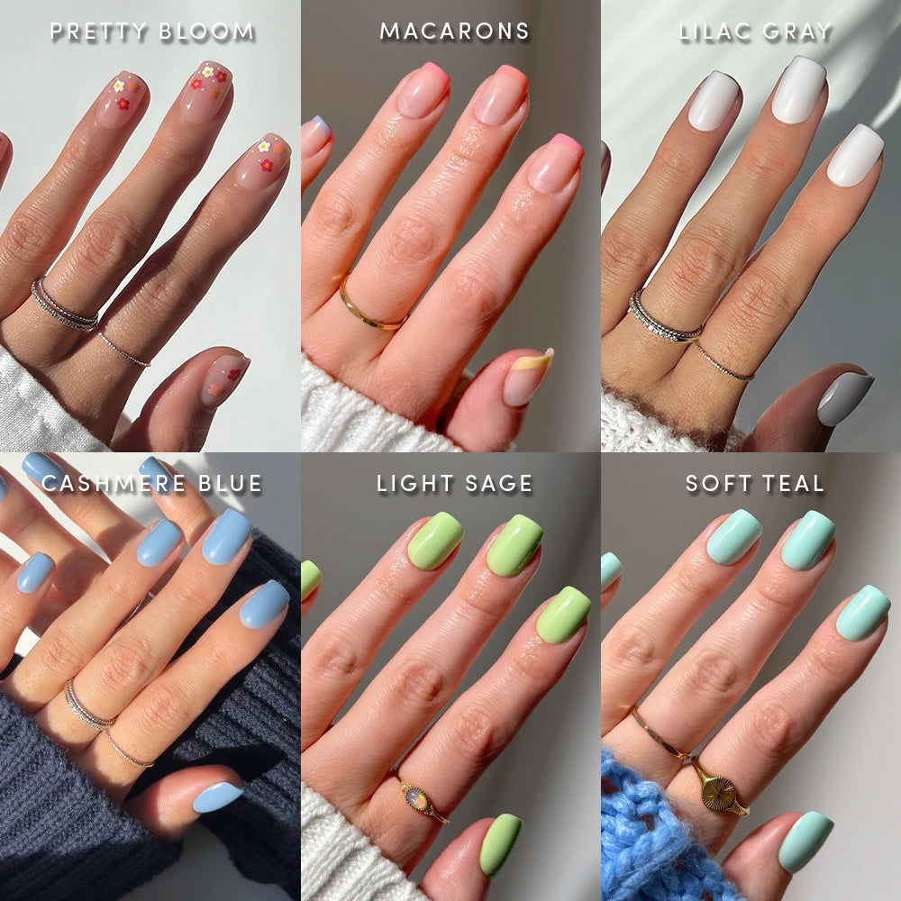 A collage of six manicured hands showcases glamnetic’s Squoval Season, featuring nail shades in pink with florals, pale pink, light gray, pastel blue, light green, and soft teal—each labeled and perfect for spring. - Product image