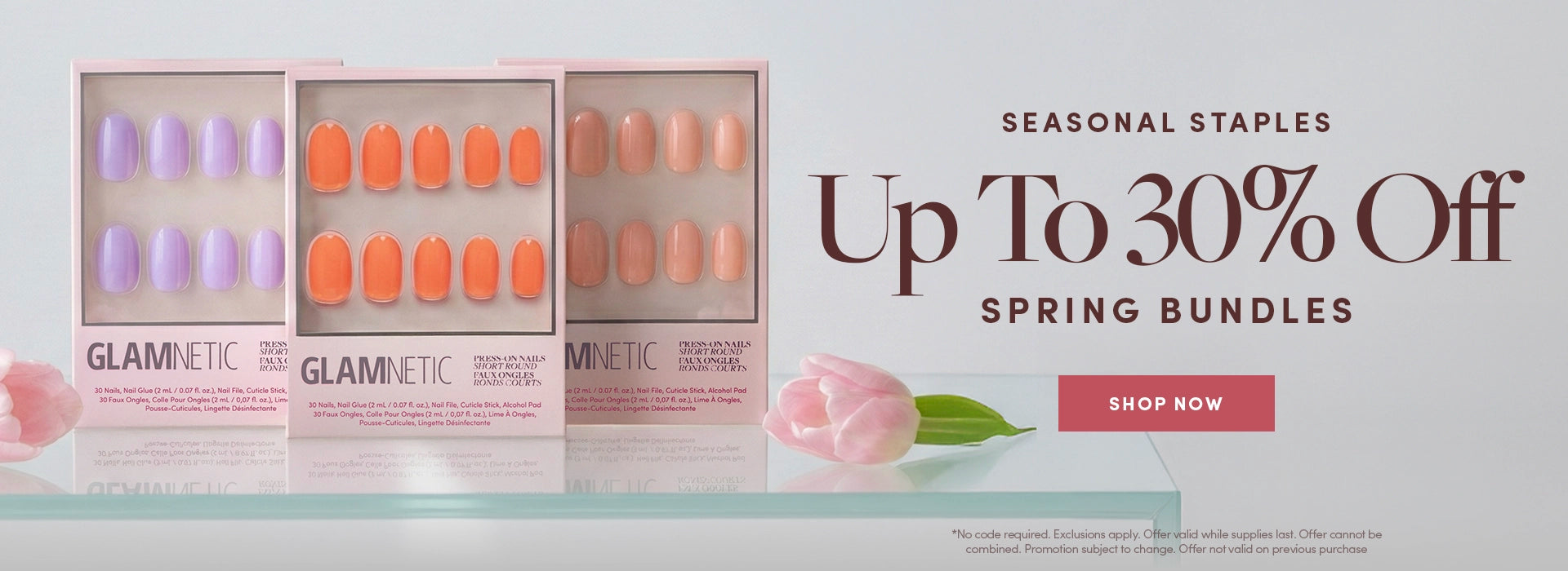 Spring Bundles up to 30% off featuring Glamnetic press-on nail kits in pastel and coral shades with Shop Now CTA1
