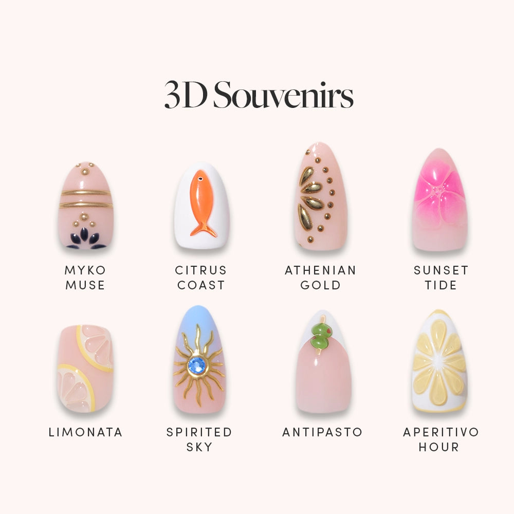 Eight artificial nails from glamnetic's 3D Souvenirs set—featuring unique Euro Summer designs like Myko Muse, Citrus Coast, and Athenian Gold—are shown on a light background, offering a salon-quality manicure experience.