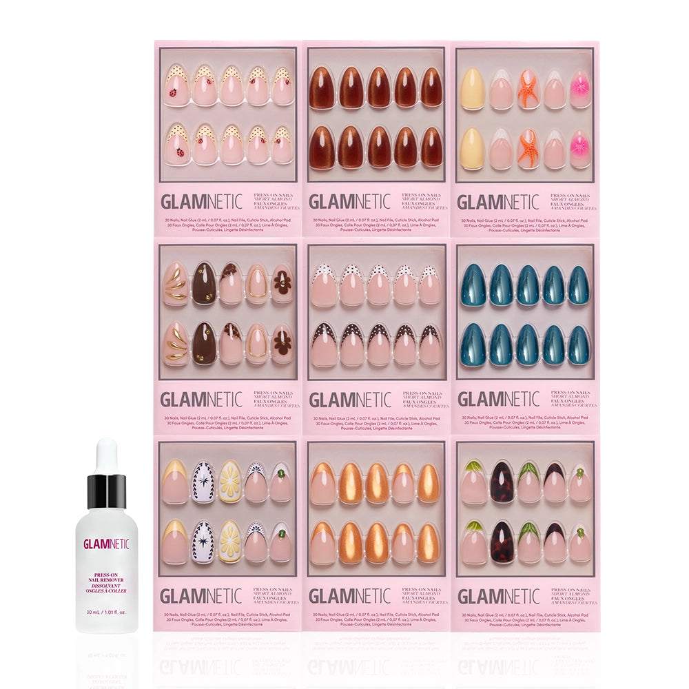 The glamnetic Almond Amore set features twelve press-on almond nail designs, including French tips and short styles, displayed in a grid with a glamnetic brush-on nail glue bottle on a white background. - Product image