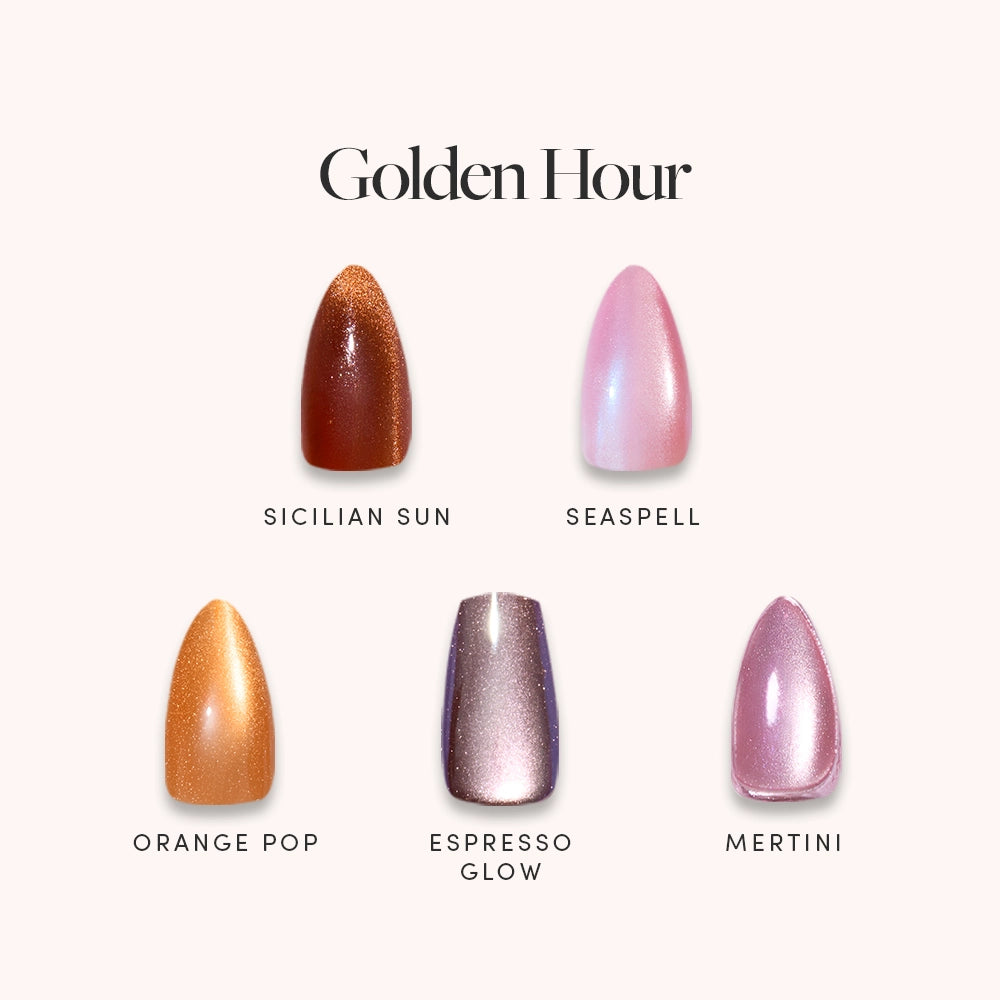 Five glamnetic Golden Hour nail swatches labeled Sicilian Sun (shimmering bronze), Seaspell (pearly pink), Orange Pop (shimmery orange), Espresso Glow (metallic taupe), and Mertini (iridescent lilac) for salon-quality shimmer.
