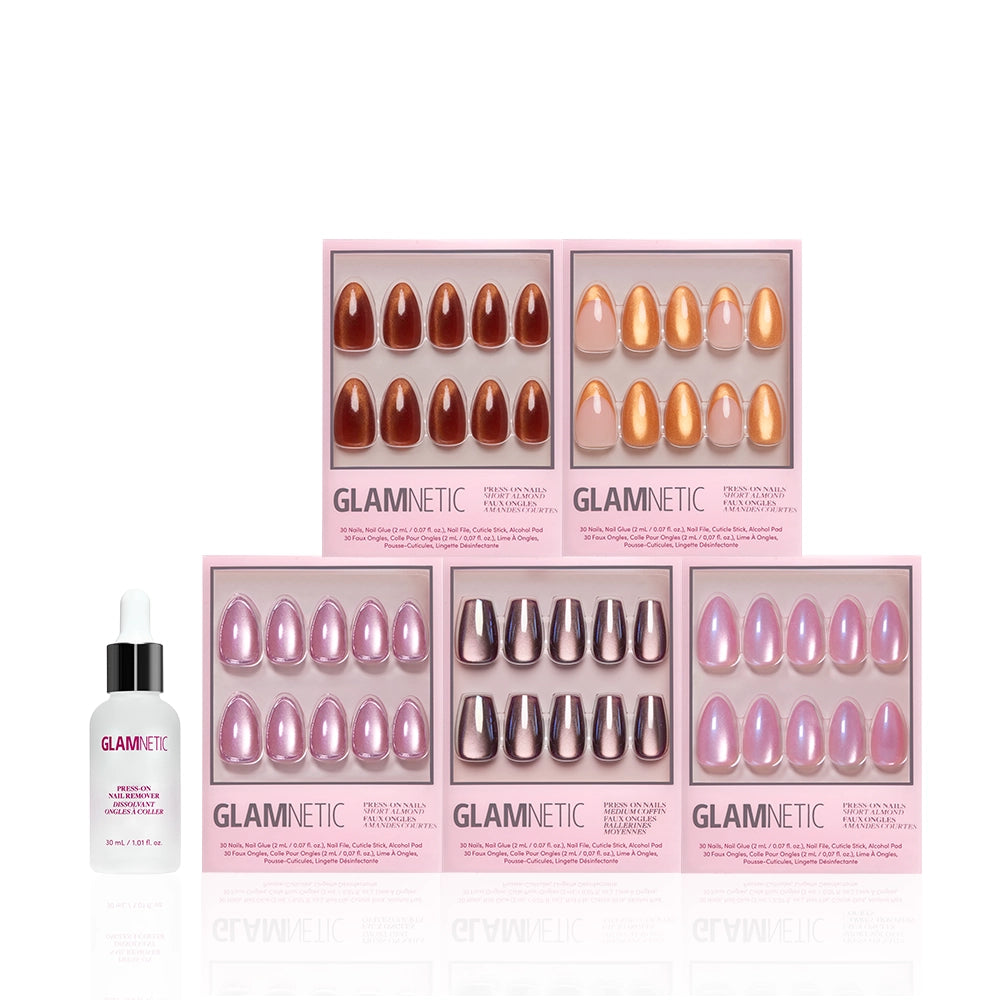 Six sets of glamnetic Golden Hour salon-quality nails in pink, peach, and brown hues are arranged in two rows, with a glamnetic nail glue dropper bottle placed to the left. - Product image