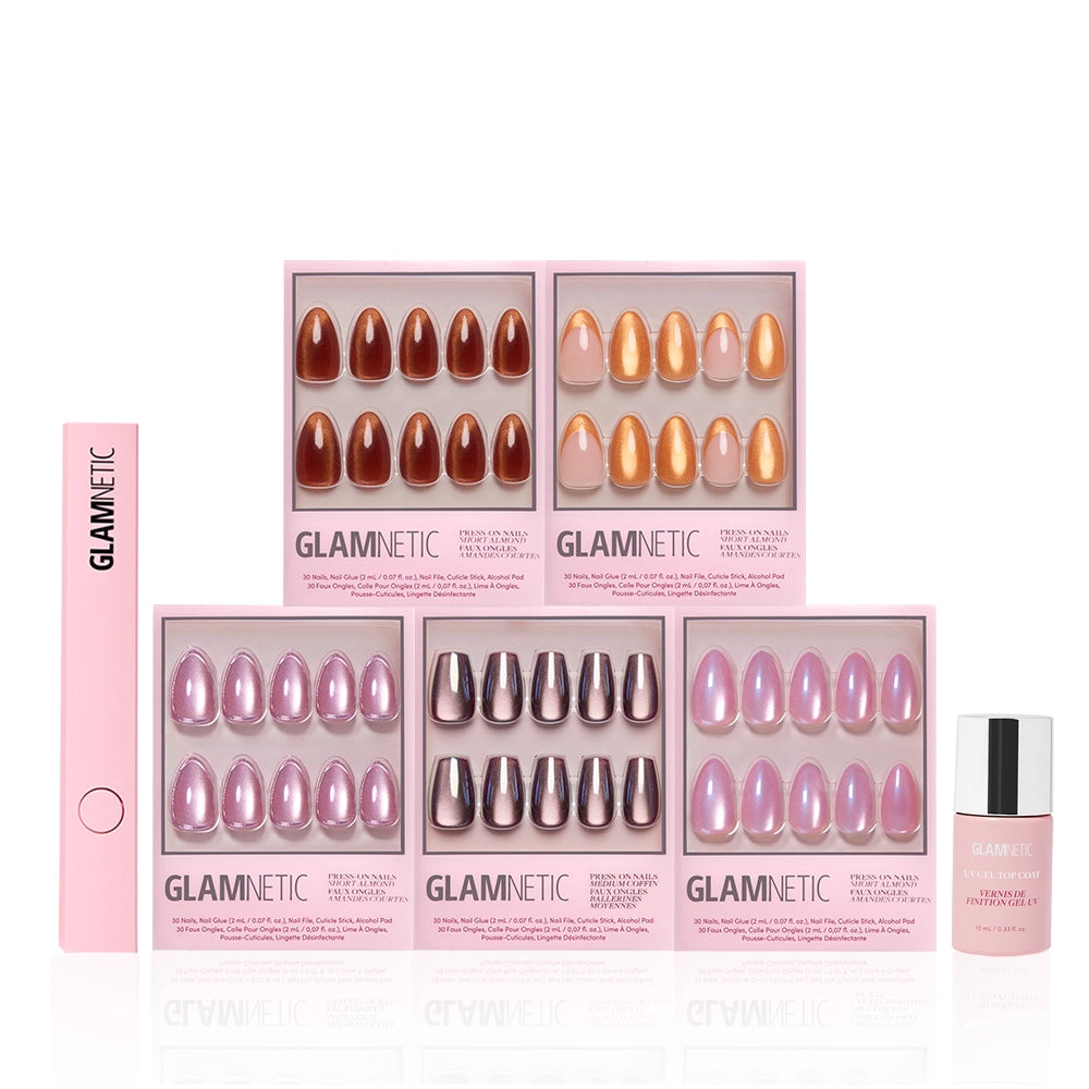 Six boxes of glamnetic Golden Hour press-on nails, featuring a velvet set with multi-dimensional shimmer, plus a pink nail file and glue—all displayed on a white background for salon-quality nails at home. - Product image