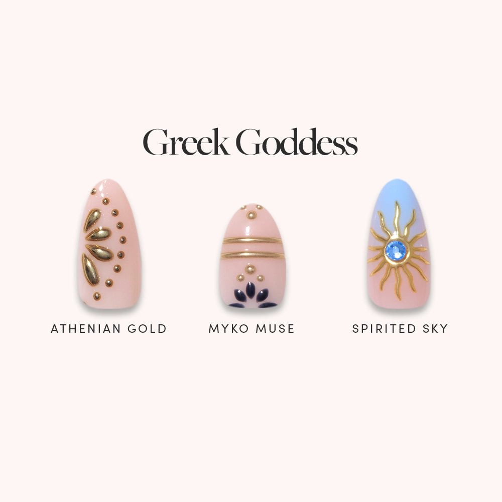 Experience Greek goddess-inspired nails with glamnetic's Greek Goddess salon-quality press-on bundle, featuring gold leaf, blue accents, and stunning gold details for a luxurious look.
