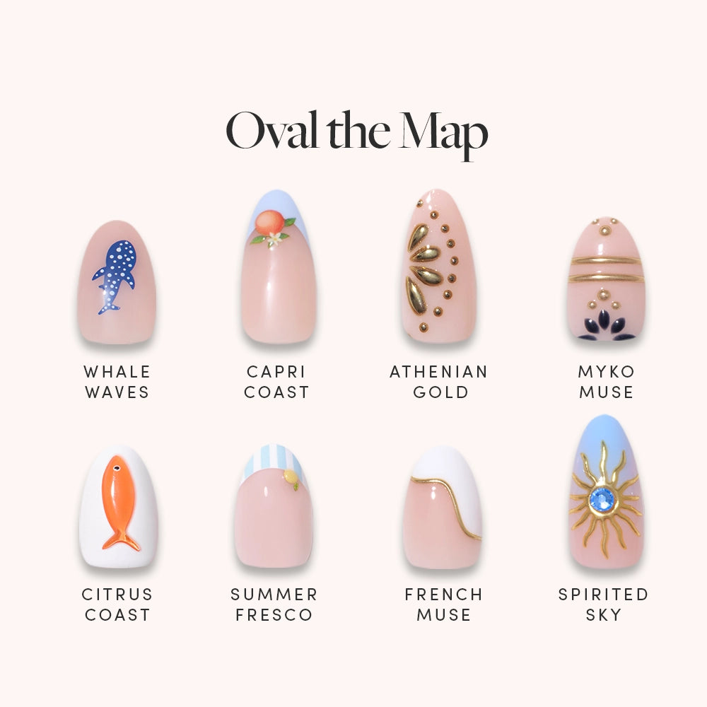 Oval the Map by glamnetic includes eight artificial oval-tipped nails with distinct designs: blue dolphin, orange sun, gold gems, navy waves, orange fish, pastel stripes, orange arch, and gold sun—all accented with gold foil.