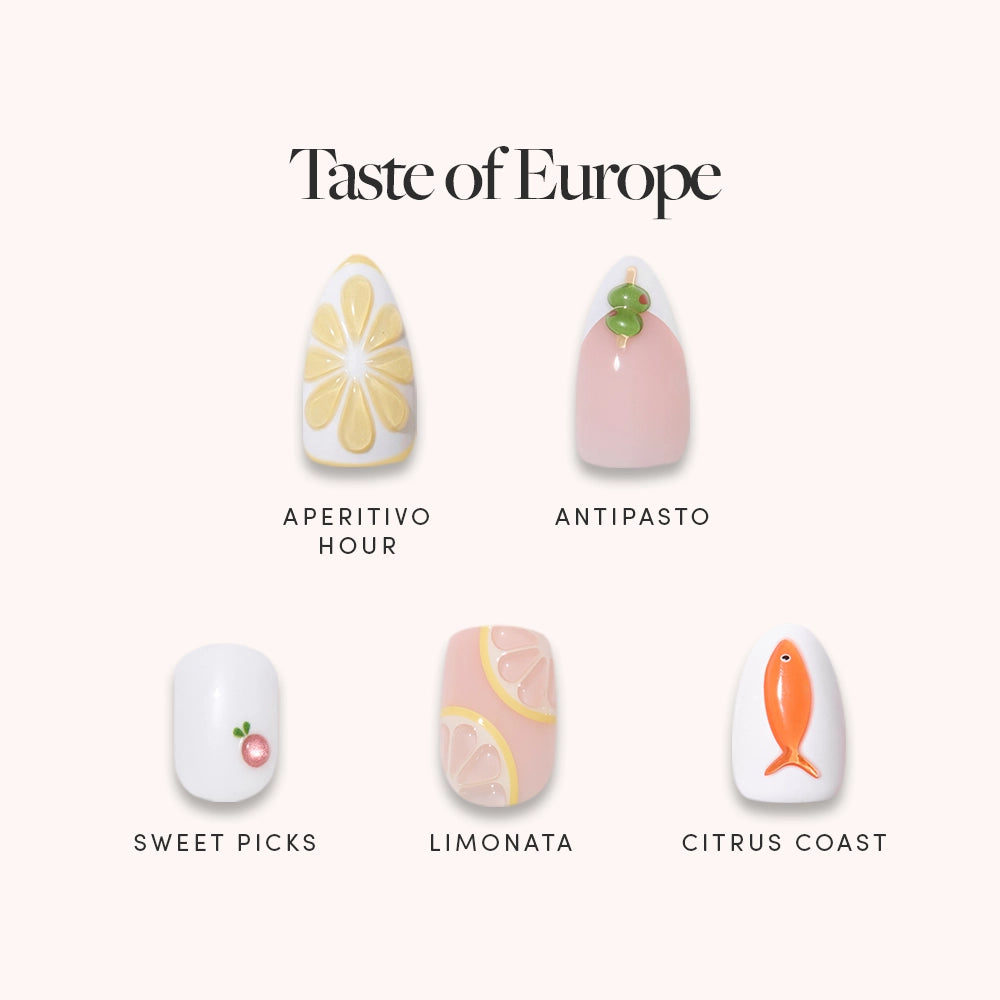 The glamnetic “Taste of Europe” set features five Mediterranean-inspired designs—Aperitivo Hour, Antipasto, Sweet Picks, Limonata, and Citrus Coast—with playful 3D fruit accent nails.