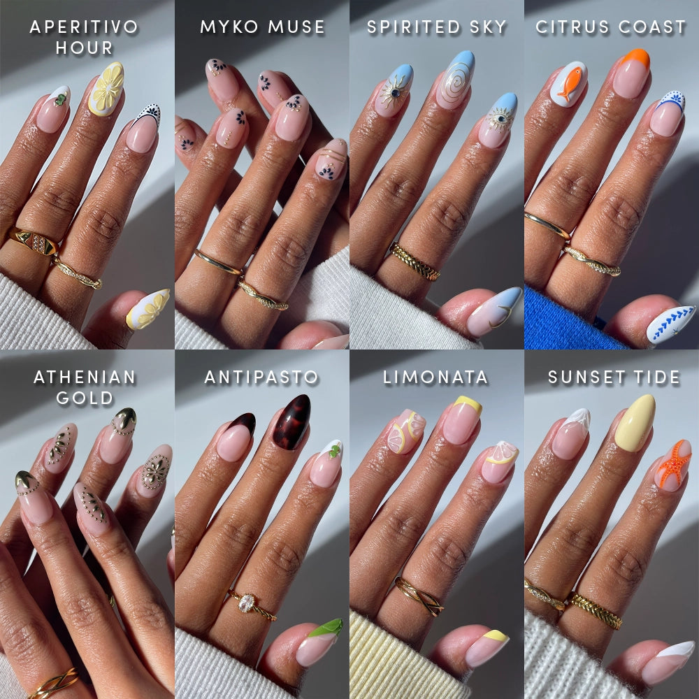 A collage of ten hands with glamnetic’s 3D Souvenirs Euro Summer nail art, each labeled with names like Aperitivo Hour, Antipasto, and Sunset Tide, showcases salon-quality nails in vibrant designs for standout style all season.