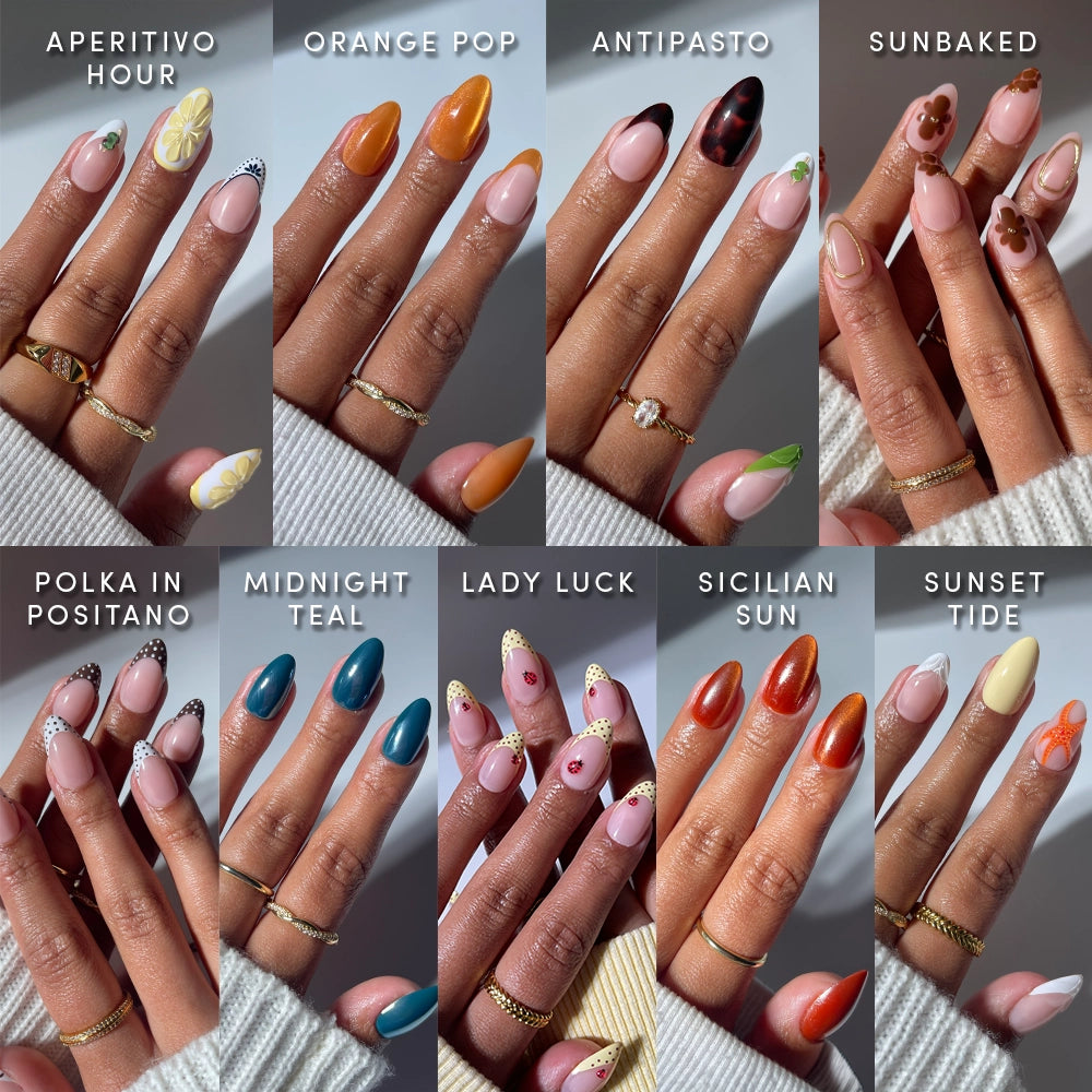 Twelve hands show nail art, each labeled by name, with designs like florals, polka dots, swirls, accent nails, French tips, and glamnetic’s Almond Amore: an almond-shaped set in teal, orange, and sunset hues.