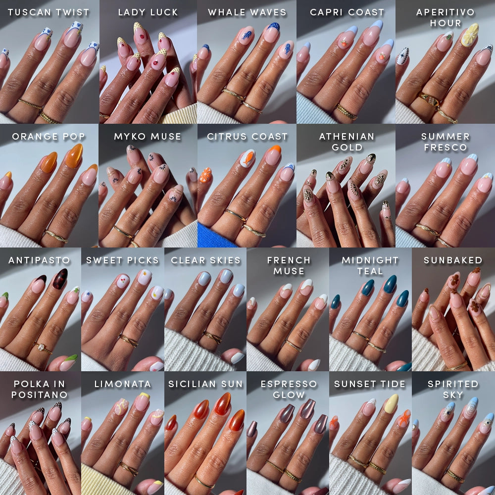 A grid of 25 hands displays summer-inspired nail art from glamnetic’s Euro Summer Collection, each design uniquely named and featuring vibrant colors, playful patterns, waves, fruits, stripes, or bold solids.
