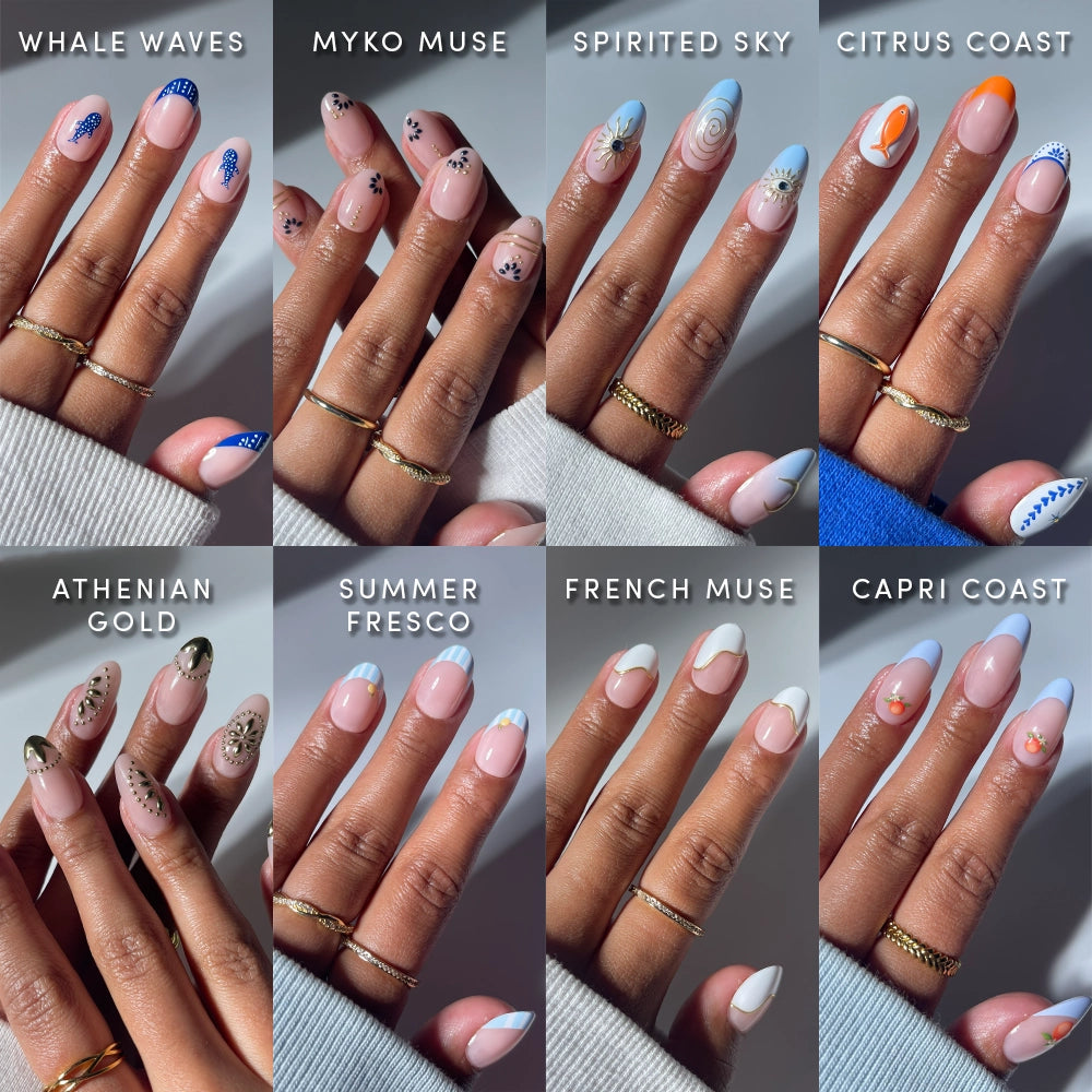 A collage of eight hands, each featuring glamnetic’s Oval the Map nail art—including styles like Whale Waves, Myko Muse, Athenian Gold, Capri Coast, and more. Each hand is adorned with gold rings for an elegant touch.
