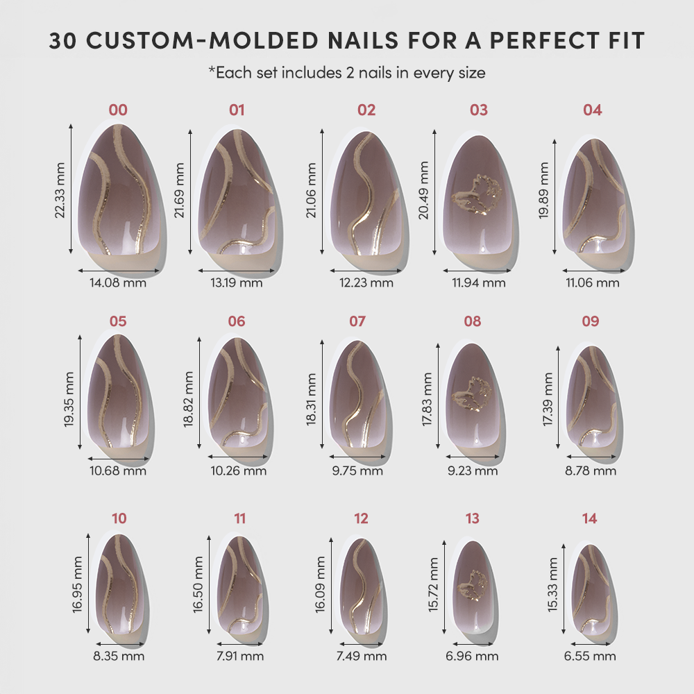 The Golden Cup™ by glamnetic includes 30 short almond nails in various sizes, with stylish gold and beige designs, gold foil accents, and precise millimeter sizing for width and length—all arranged in five rows. - Product image