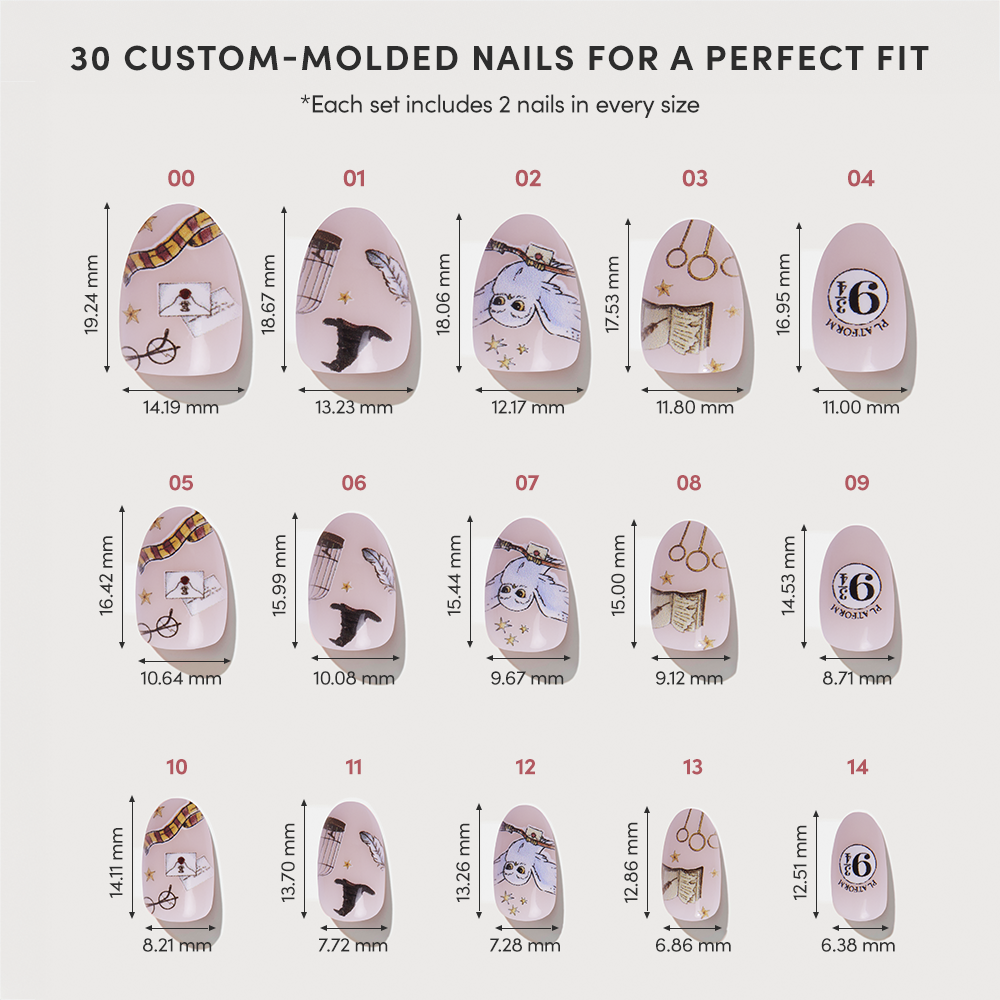 A chart of 15 different glamnetic Hogwarts™ vegan press on nails (2 per size) with millimeter measurements, each showcasing unique designs like cats, glasses, and flowers on a pale pink background. - Product image