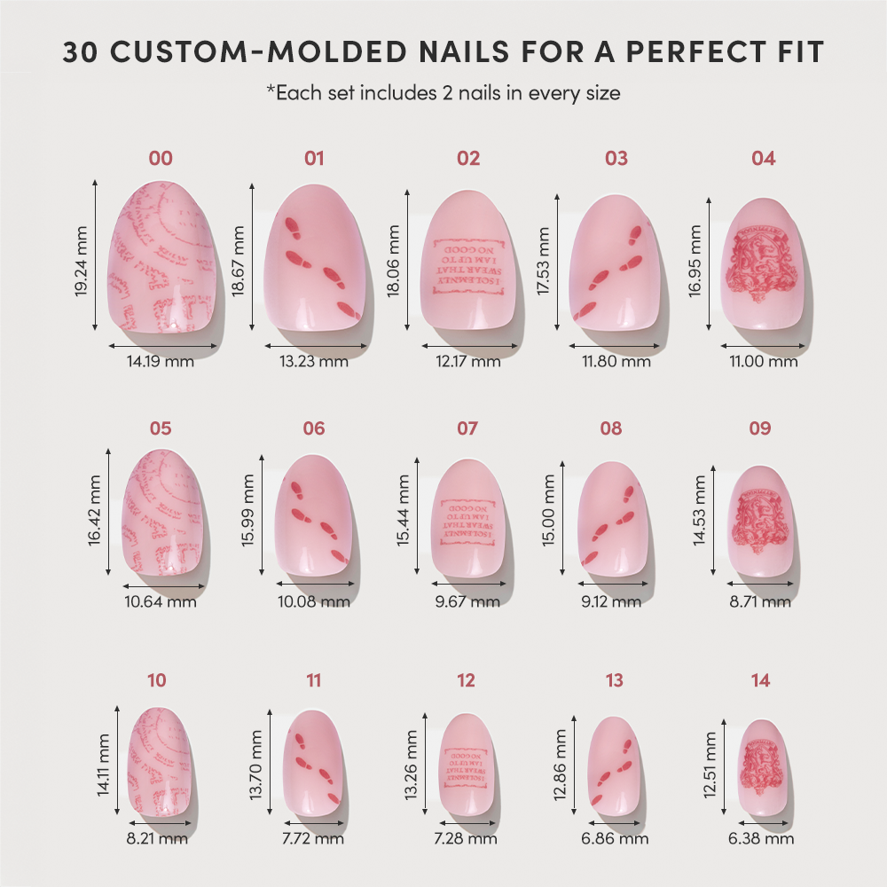 The glamnetic Marauder's Map™ vegan nail set features 15 pink custom-molded nails (sizes 00–14) with red designs, each labeled and shown with precise millimeter measurements for a perfect fit. - Product image