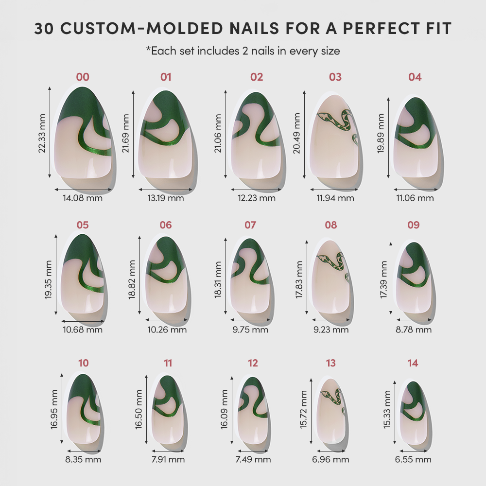 A chart displays 15 sizes of Parseltongue™ custom-molded nails by glamnetic, each with green swirled designs. Rows show length and width in millimeters under each nail. Top text details fit and set info. - Product image